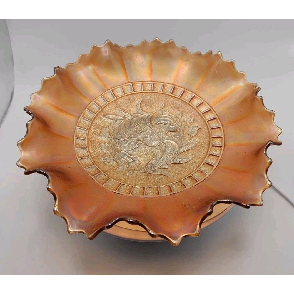 Dugan Windflower Carnival Glass 8” bowl Marigold Iridescent – Ruffled Edge